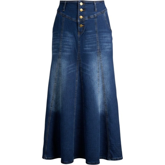 Chartou Dresses & Skirts - Cotton Denim Skirt M/L Blue Button Front Paneled Maxi Flared Western Boho Retro